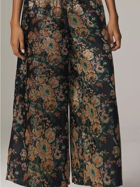 By Anthropologie Black/Green Floral Somerset Cropped Wide Leg Jacquard Pants